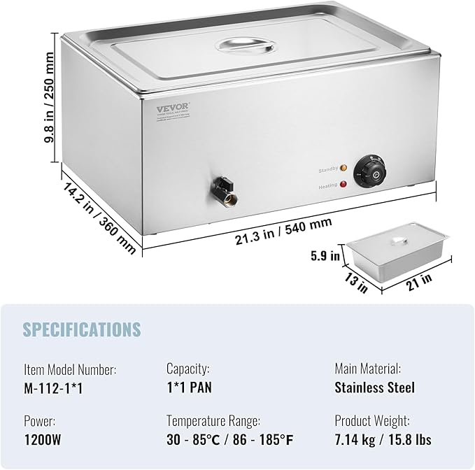 VEVOR Commercial Food Warmer, 1 Pan 24QT Electric Steam Table, 1200W Professional Countertop Stainless Steel Buffet Bain Marie with 86-185°F Temp Control for Catering and Restaurants, Silver