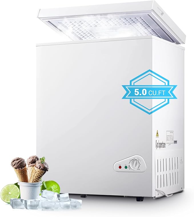 5.0 Cu.Ft Chest Freezer with Removable Basket, Deep Freezer with 6 Adjustable Temperature & Removable Baskets, Top Open Door Compact Freezer for Home, Apartments, White