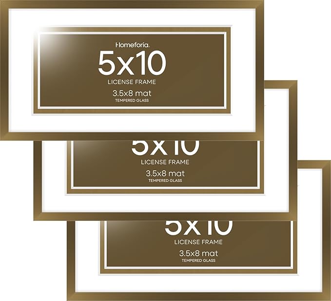 Homeforia 5x10 Business License Frame, High End Metal 5 x 10 Bronze Document Certificate Frames with Mat 4x9, 5by10 Professional License Frames for Wall or Tabletop, Tempered Glass, Wall Kit, Set of 3