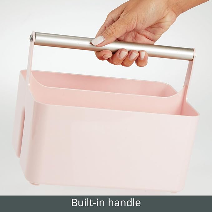 mDesign Under Sink Storage – Plastic and Metal Bathroom Caddy for Shampoo and Soaps – Portable Cosmetics Storage Organiser – Blush/Satin