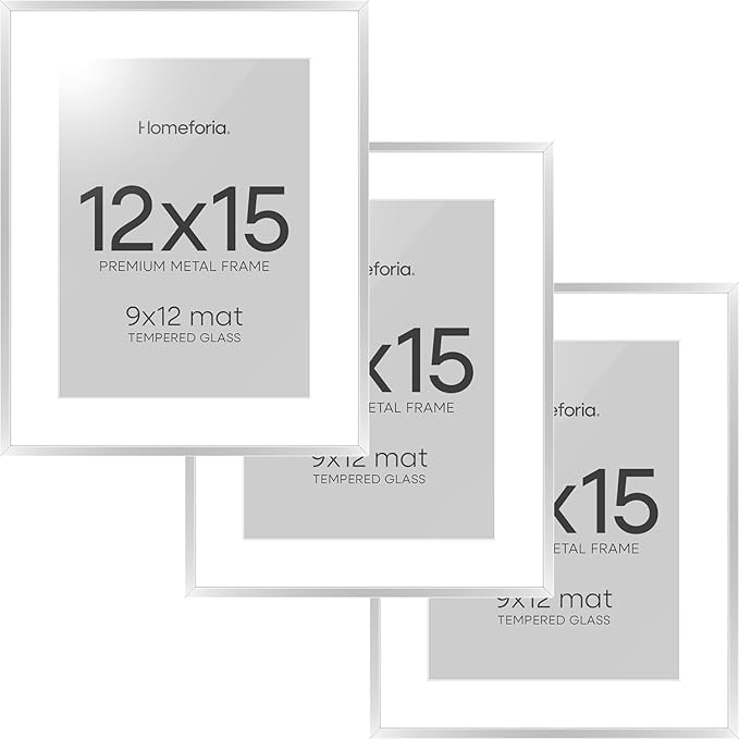 Homeforia 12 x 15 Picture Frame Silver, High End Metal 12x15 Poster Frames with Mat 9x12 Photo, 12 x 15 Silver Frame Matted to 9 x 12 in Print, 15by12 Hanging Frame, Tempered Glass, Wall Kit, Set of 3