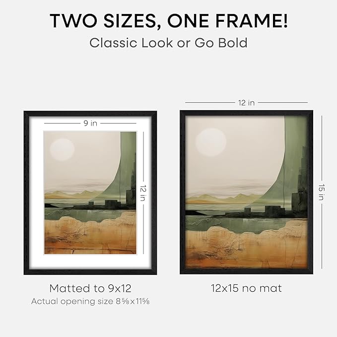 Homeforia 12x15 Black Wood Picture Frame, High End Oak 12x15 Poster Frames with Mat 9x12 Print, 12 x 15 Black Wooden Frame Matted to 9 by 12 Photo, 15x12 Thin Frame, Tempered Glass, Wall Kit, Set of 1