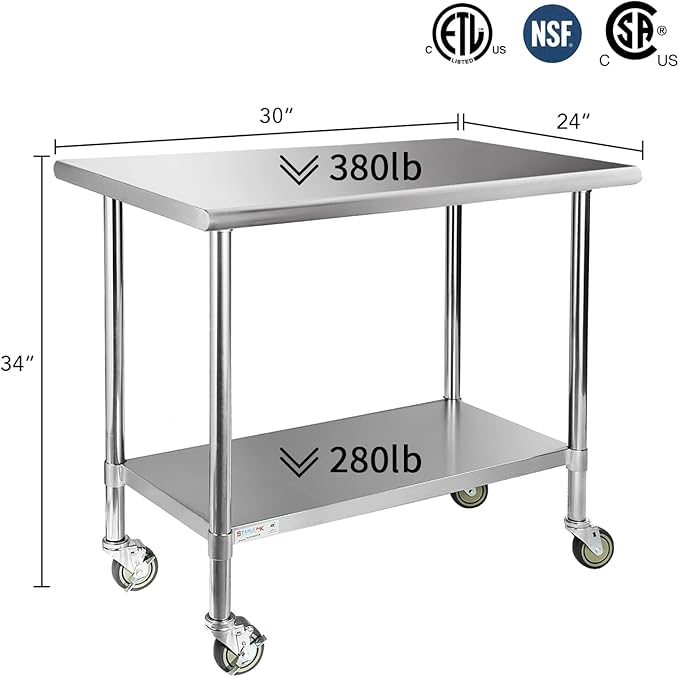 STABLEINK Stainless Steel Table with Wheels 24 x 30 Inches, NSF Commercial Prep & Workbench with Adjustable Undershelf and Casters, for Commercial Kitchen, Restaurant, Hotel,Laundry and Garage