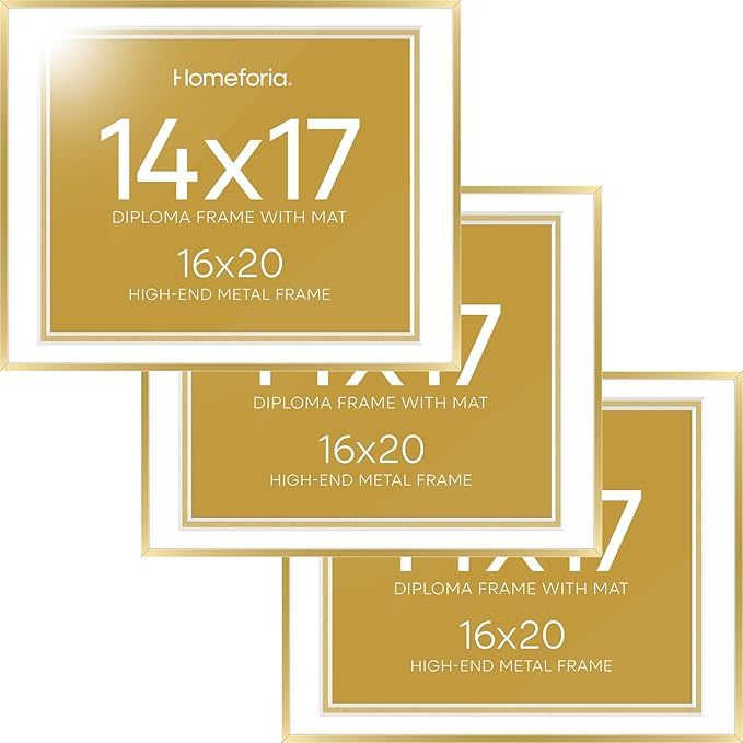 Homeforia 16x20 Diploma Frame Gold, High End Metal 16 x 20 Gold Certificate Frames with Mat 14 x 17, 16by20 Document Frame Matted to 14x17, Graduation Degree Frames, Tempered Glass, Wall Kit, Set of 3
