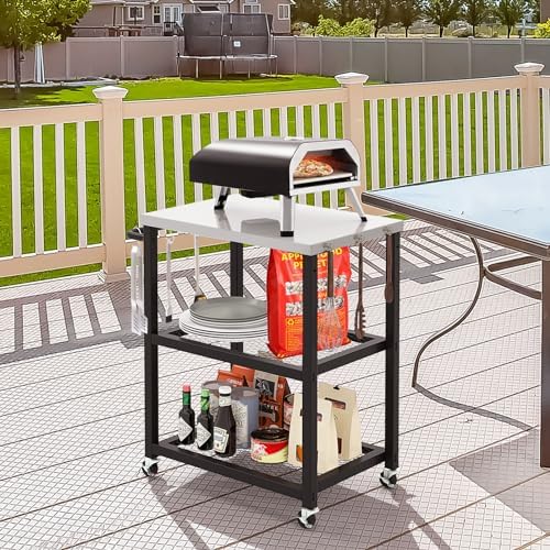 Byroce Grill Cart, 3-Shelf Outdoor Prep Table for Grill with Stainless Steel Top, 9 Hooks & Wheels, Movable Food Cooking and Pizza Oven Stand Table, Grill Table for Party BBQ Patio