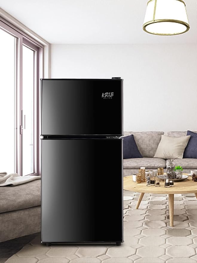 Refrigerator 3.5 Cu.Ft with Freezer,Vintage Double Door,Lock Fresh,7 Level Adjustable Thermostat ct for Dorm, Bar, Office,Kitchen, Apartment，Black