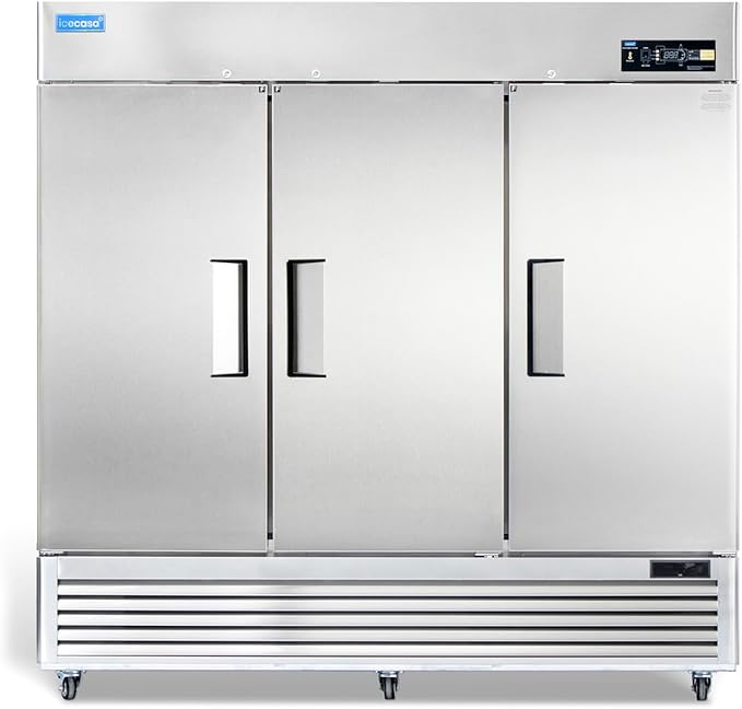ICECASA 82"W Commercial Freezer Reach-in 72 Cu.ft 3 Solid Door Stainless Steel Commercial Freezer Fan Cooling for Restuarant, Bar, Shop, etc