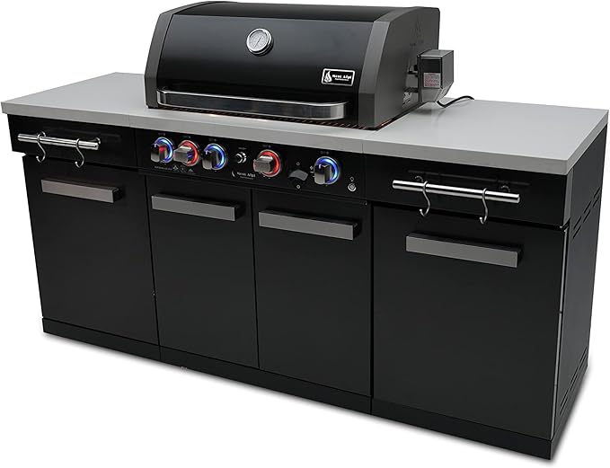 Mont Alpi Premium 70"W x 24"D Black Stainless Steel Compact Outdoor Kitchen Island with Access Doors + 32"W 4-Burner BBQ Grill with Infrared Rear Burner + Storage Cabinets + White Granite Countertops