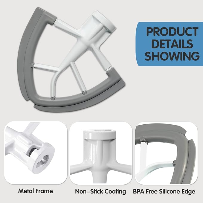 Flex Edge Beater For KitchenAid 4.5-5 Quart Tilt-Head Stand Mixers, Non-Stick Coated Blade Beater with Both-Sides Flexible Silicone Edges Bowl Scraper, Mixer Accessories Paddle Attachment