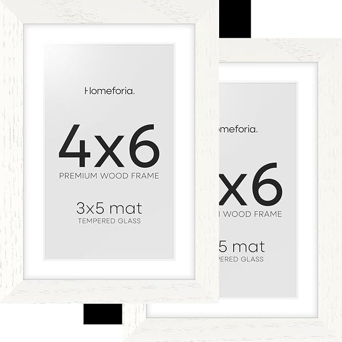 Homeforia White Picture Frames 4x6, High End Oak 4x6 Wooden Frame with Mat 3x5 Art, 4 x 6 White Wood Frames Matted to 3 x 5 inch Photo, 6by4 Wall or Tabletop Frame, Tempered Glass, Wall Kit, Set of 2