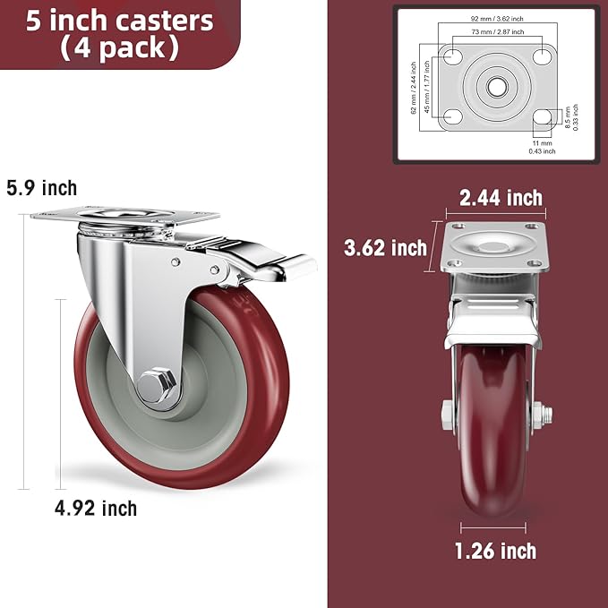 5 Inch Heavy Duty Casters with Brake - Set of 4, 1400lbs Capacity, Double Ball Bearing Non-Marking Caster Wheels, Plate Mount for Furniture, Cart, Workbench, Tool Cabinet, Garage Storage (4 Pack)
