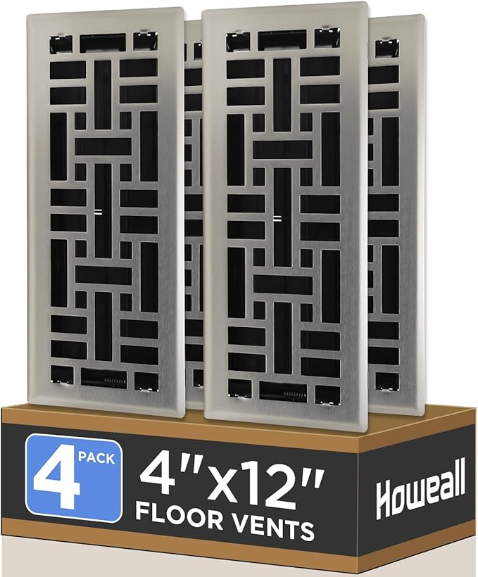 4x12 Inches 4 Pack Heavy Duty Walkable Floor Register - Easy Adjust Air Supply Lever Decorative Floor Vent Covers, Seattle Design Vent Covers for Home - Satin Nickel