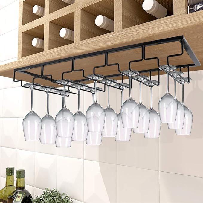 MOCOUM Wine Glasses Rack Under Cabinet Stemware Rack,Wine Glass Hanger Rack Wire Wine Glass Holder Storage Hanger for Cabinet Kitchen Bar (Black, 5 Rows 2 Pack)