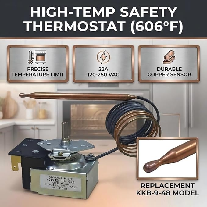 PB010036 Bake/Broil Thermostat，Compatible with Awoco Ranges， Compatible with Viking – Replace KKB-9-48, 22A 120–250VAC, Max 606°F, with Safety Auto‑Shutoff.