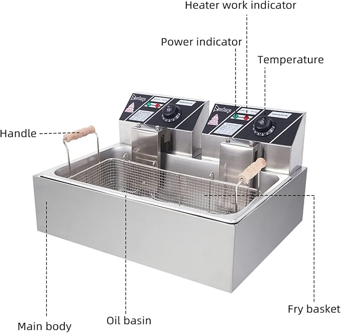 23.3QT/22L Commercial Deep Fryer with Basket and Lid, 5000W Electric Fryer, Countertop Oil Fryer for French Fries, Onion Rings, Donuts, Temperature Adjustable 140-392℉, Stainless Steel Single Tank