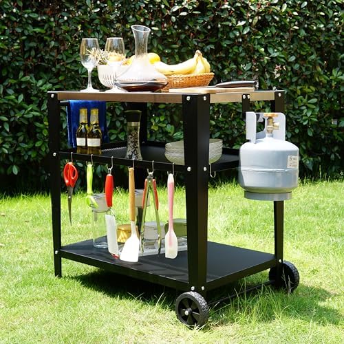 LEETOLLA Stainless Steel Outdoor Grill Cart with Wheels, Heavy-Duty 3-Tier BBQ Prep Table for Pizza Oven, Griddle, Patio – Rustproof Commercial Kitchen Cart with Tool Hooks