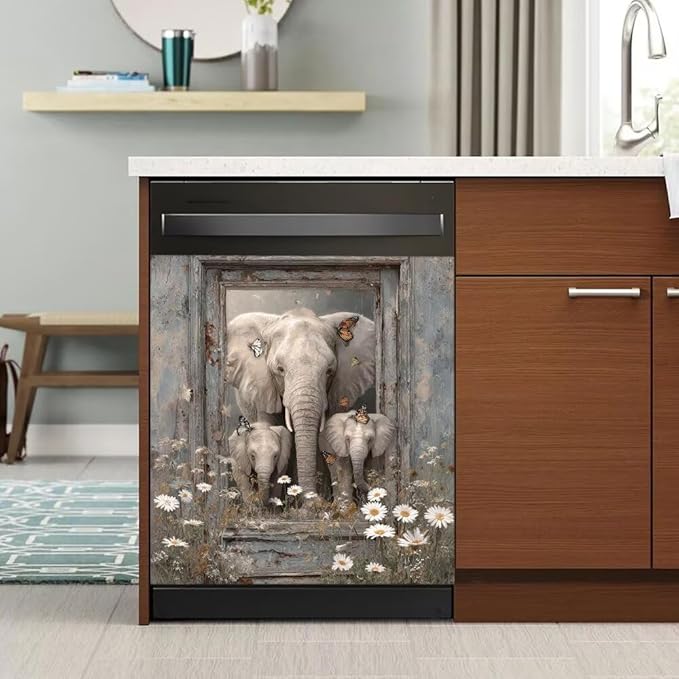 Elephant Dishwasher Magnet Cover - Kithcen Decorative Dishwasher Cover Front Door Panel Decal, Farm Wood Flower Refrigerator Magnet Fridge Sticker, Elephant Gifts for Women, 23x17 Inch