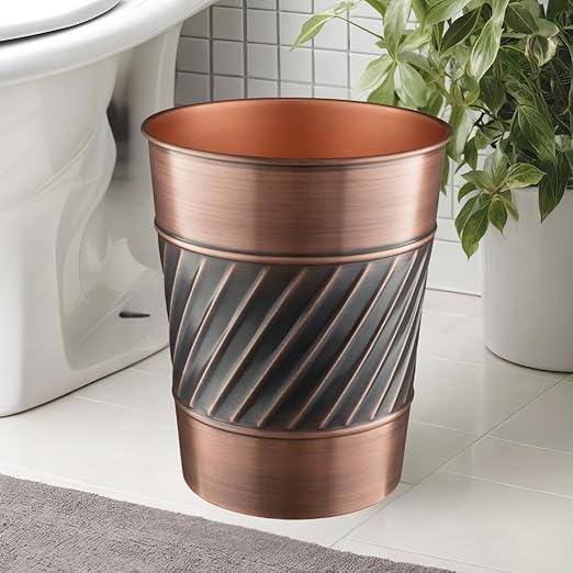 Monarch Abode Metal Bathroom Trash Can – Waste Basket for Bedroom, Office Desk, & Dorm, Handcrafted Wave Embossed, Durable Decorative Antique Copper Small Trash Can Bathroom Garbage Bin Wastebasket