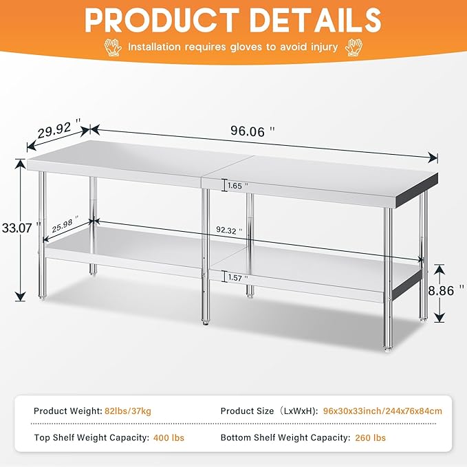 Jocisland 30" x 96" Stainless Steel Table for Prep & Work Adjustable Under Shelf and Feet, for Commercial Kitchen, Restaurant, Hotel and Garage