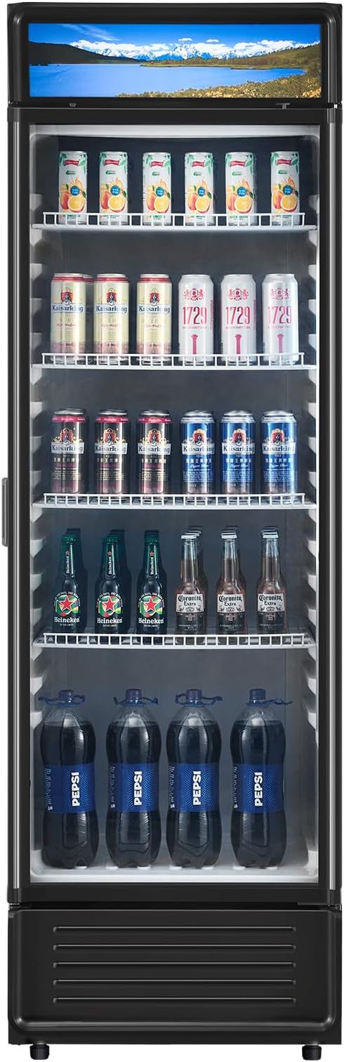 VEVOR Commercial Merchandiser Refrigerator, 13.3 CU.FT Glass Door Display Refrigerator, Beverage Cooler Merchandiser with Adjustable Shelves, Soft LED Light, Customizable Lightbox, Black
