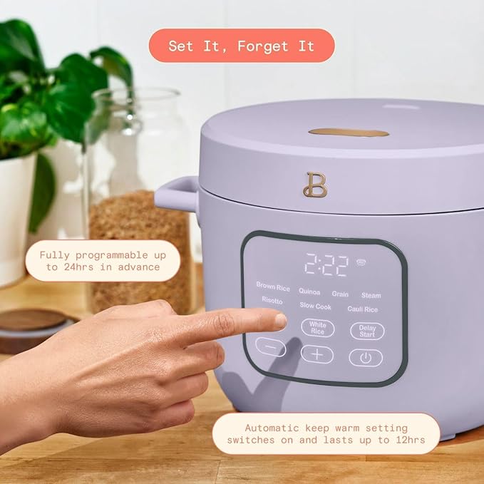 Beautiful 14-Cup Electric Rice & Grain Cooker, Ceramic Nonstick, 8 Presets, Slow Cook, Steamer Tray (Lavender)
