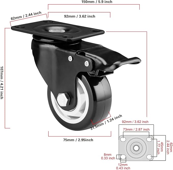3 inch Caster Wheels, Casters Set of 4 Heavy Duty - CLOATFET Locking Swivel Casters with Brake (Top Plate), Non Marking Black Castor Wheels for Cart Furniture Workbench