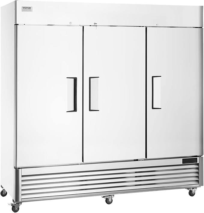 VEVOR Commercial Refrigerator 60.42 Cu.ft, Reach In 82.5" W Upright Refrigerator 3 Doors, Auto-Defrost Stainless Steel Reach-in Refrigerator & 12 Shelves, 33 to 41℉ Temp Control, LED Light, 4 Wheels