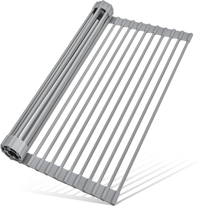 MERRYBOX Roll Up Dish Drying Rack, Silicone Wrapped Over The Sink Dish Rack Foldable Dish Drainer Anti-Slip Dish Racks for Kitchen Counter, Multipurpose Kitchen Sink Drying Rack, 18" x 13", Light Gray