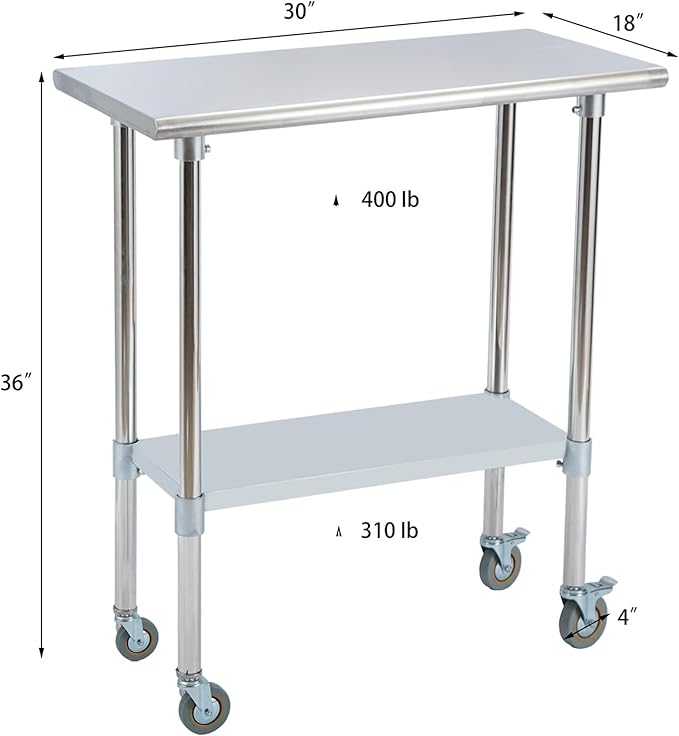 Stainless Steel Work Table 30“L x18 D, NSF Commercial Food Prep Worktable with Adjustable Undershelf and Casters for Restaurant, Home and Outdoors (30“L x18 D)