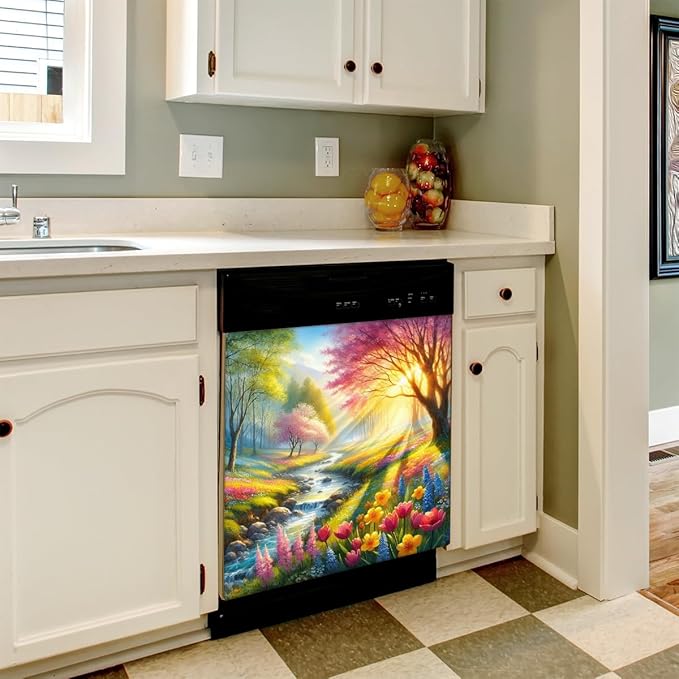 Dishwasher Magnet Cover Flower Forest Rainbow Dishwasher Decorative Cover Front Dishwasher Door Cover Reuseable Dishwasher Cover Panel Decal for Kitchen Refrigerator Home Appliances 23" X 26"
