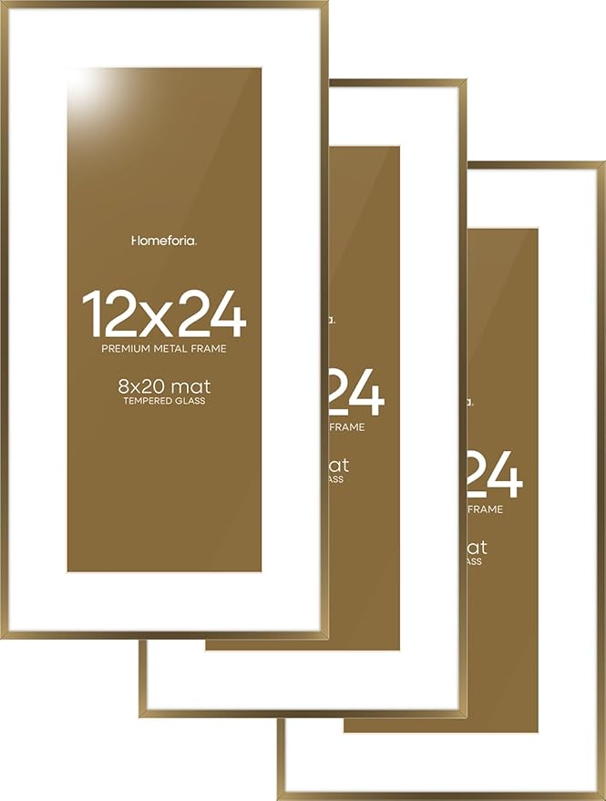 Homeforia 12x24 Picture Frame Bronze, High End Metal 12by24 Brass Poster Frames with Mat 8x20 Photo, 12 x 24 Panoramic Frames Matted to 8 by 20 Print, 24by12 Frames, Tempered Glass, Wall Kit, Set of 3