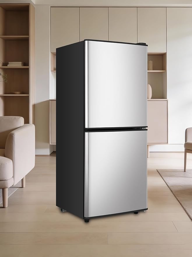 4.0 Cu.Ft Refrigerator with Freezer, 2 Doors Fridge with Adjustable Thermostat Control, Refrigerator for Kitchen, Dorm, Apartment, Garage, Office, Silver