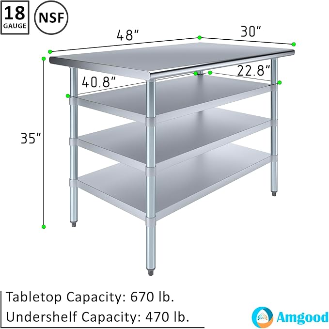 30 in. x 48 in. Stainless Steel Work Table with Three Bottom Shelves | NSF Kitchen Prep Table | Utitly Metal Table