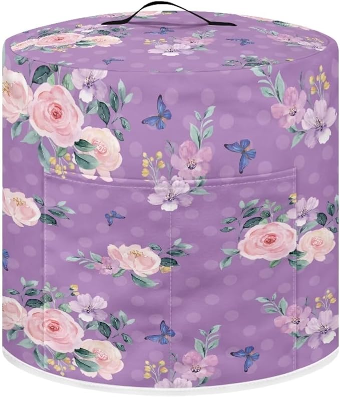 TODIYADDU Purple Rose Butterfly Electric Pressure Cooker Cover Round Protective Cover Bag with Pocket and Handle for Instant Pot or Rice Cooker Kitchen Small Appliance Dust Covers Nice Holiday Gifts