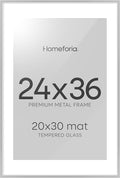 Homeforia Poster Silver Frame 24x36, High End Metal 24 x 36 Large Picture Frame with Mat 20 x 30 Photo, 24x36 Silver Frames Matted to 20x30 Print, 36x24 Thin Frames, Tempered Glass, Wall Kit, Set of 1