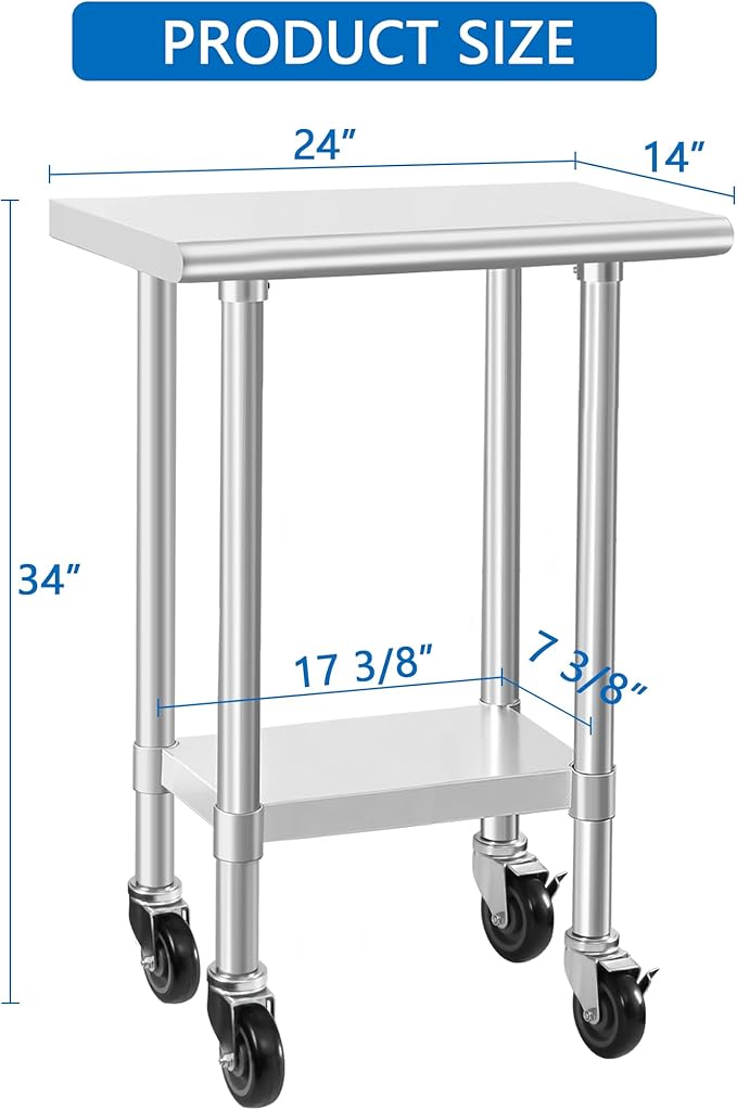 HARDURA Stainless Steel Commercial Table Prep & Work Table with Casters Heavy Duty Metal Table with Wheels NSF 430 14×24 Inches