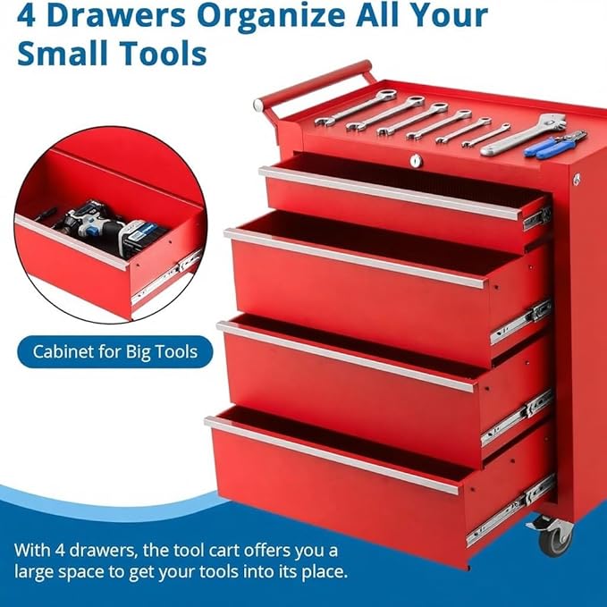 IDEALHOUSE Rolling Tool Chest, 4 Drawers Tool Storage Cabinet, Toolbox with Wheels, Portable Tool Cabinet Organizer with Locking System & Drawer Liners, Tool Storage Cart for Garage, Workshop, Red