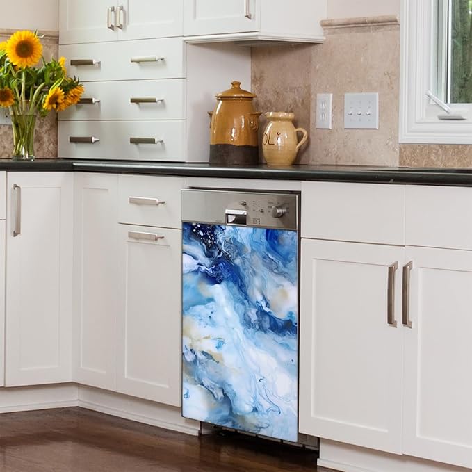 Marble Ripple Blue White Dishwasher Magnet Cover, Reusable Refrigerator Panel Stickers Microwave Front Door Covers Magnets for Kitchen Home Appliances Holiday Party Decorations 23 X 26 in