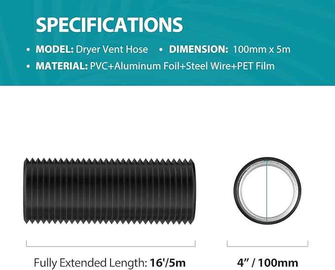 HG POWER 4 Inch Dryer Vent Hose, 16 Feet Long Flexible PVC Hose, Three Layer Noise Reducer Hose Aluminum Ducting for Heating Cooling Ventilation AC Exhaust Black