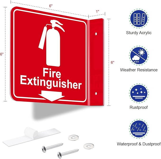 Fire Extinguisher Sign,4 Pack 6" Polished Acrylic Fire Extinguisher Signs with Down Arrow for Business,With Rustproof Mounting Screws and Double-sided Adhesive Tapes,Indoor or Outdoor Use