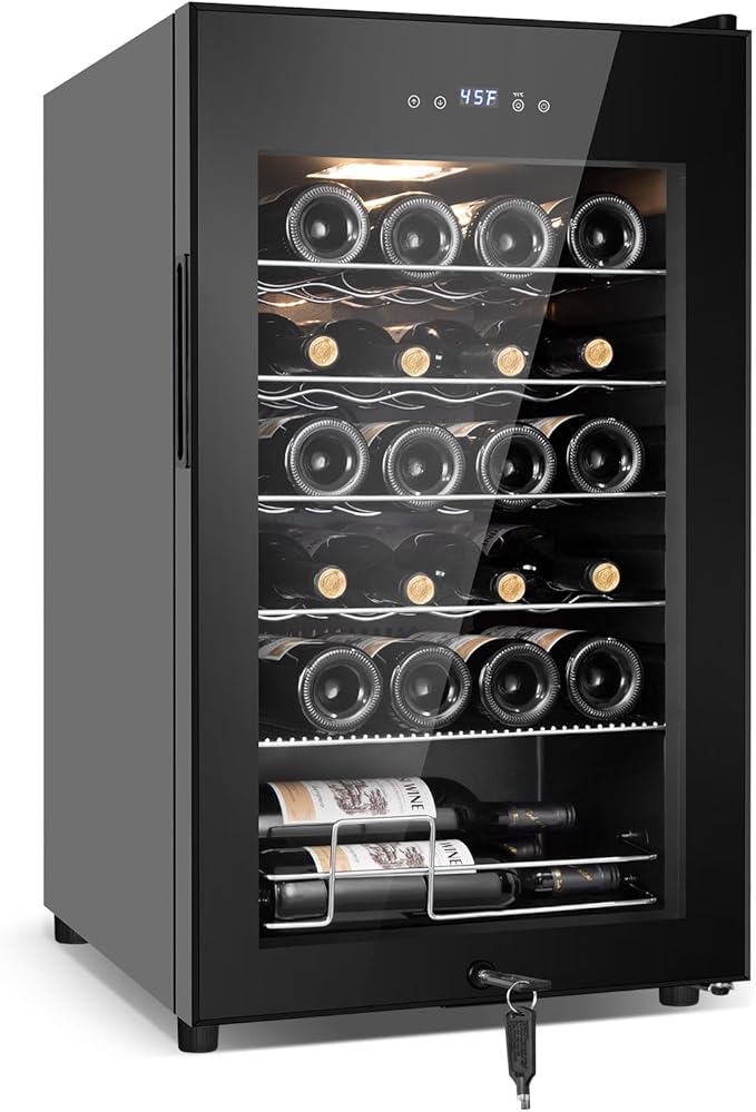 Tylza 24 Bottles Wine Fridge, Wine Cellar with Powerful Compressor, LED Touchscreen, Low-E Tempered Glass Door, Lock, Wine Cooler Refrigerator for Red, White, Champagne or Sparkling Wine, Black
