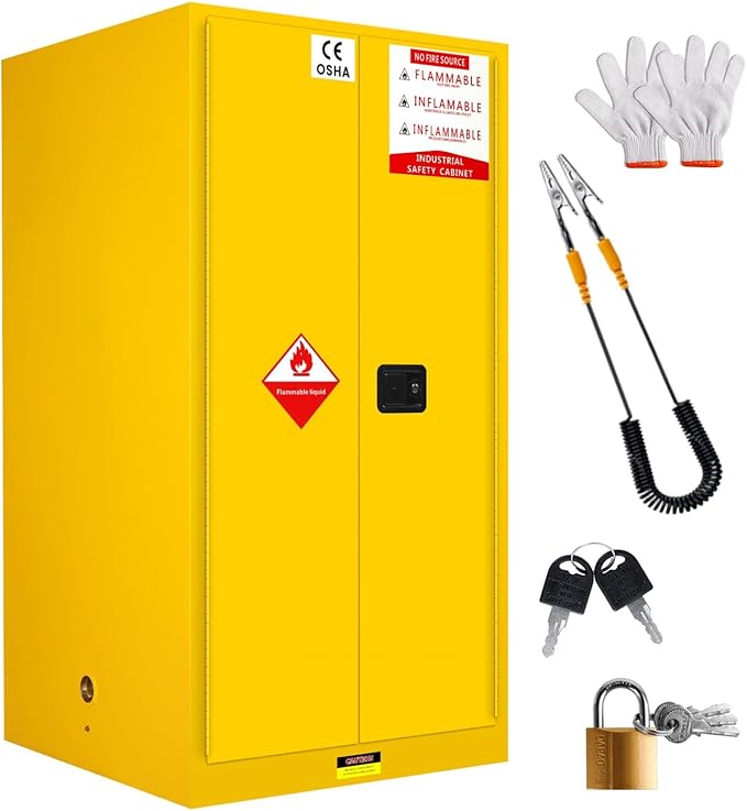 90 Gallon Flammable Storage Cabinet, 65x34x34in Galvanized Steel Safety Storage Cabinet, Adjustable Shelf Fireproof Cabinets, Flammable Liquid Storages Cabinets for Commercial Industrial and Home Use