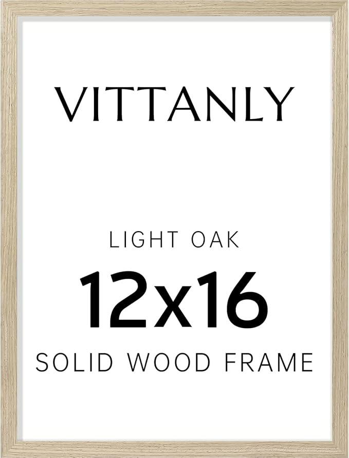 Vittanly 12x16 Picture Frame, Solid Wood Frame with Plexiglass, Includes 8.5x11 Mat, Wall Hanging for Photos, Home Decor, Light OAK, 1 Pack
