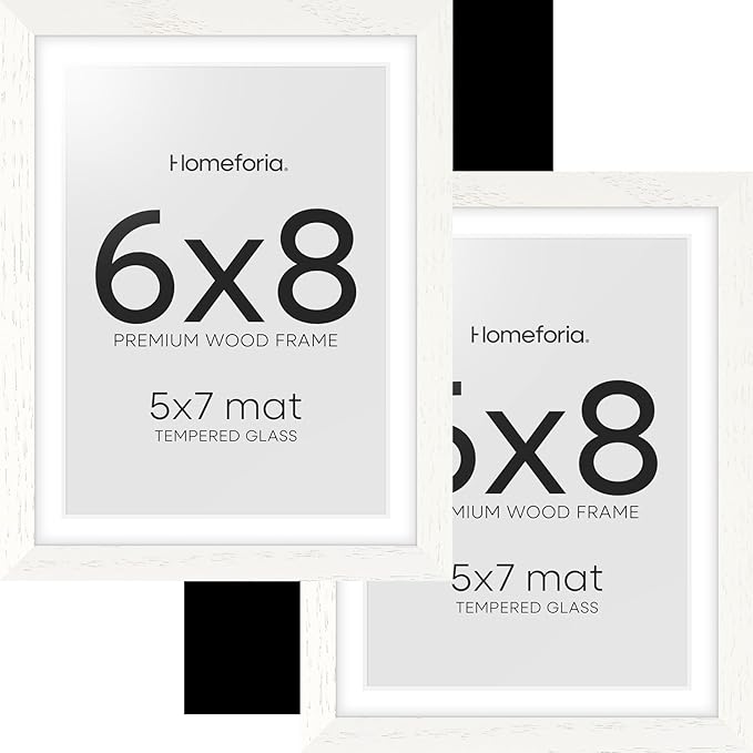 Homeforia 6x8 Picture Frame White, High End Oak 8x6 Wooden Frames with Mat 7x5 Print, 6 x 8 White Wood Frame Matted to 5 x 7 inch Photo, 6by8 Wall or Tabletop Frame, Tempered Glass, Wall Kit, Set of 2