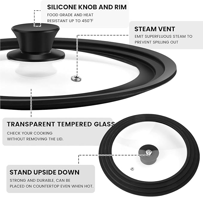 Universal Lid for Pots, Pans and Skillets, Tempered Glass Lid fit 10", 11", 12" Skillets, Pots, Frying Pans, Cast Iron, Crock Pot and Other Glass Covers Replacement