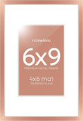 Homeforia Rose Gold 6x9 Picture Frame, High End Metal 6 x 9 Frames with Mat 4 x 6 for Print, 6by9 Desk Frame Matted to 4x6 inch Photo, 6 by 9 Wall or Tabletop Frame, Tempered Glass, Wall Kit, Set of 1