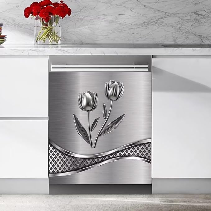 Stainless Steel Flower Painting Dishwasher Cover Decorative Magnetic Sticker Kitchen Refrigerator Covers for The Front Fridge Door Magnet 23W x 17H inchs