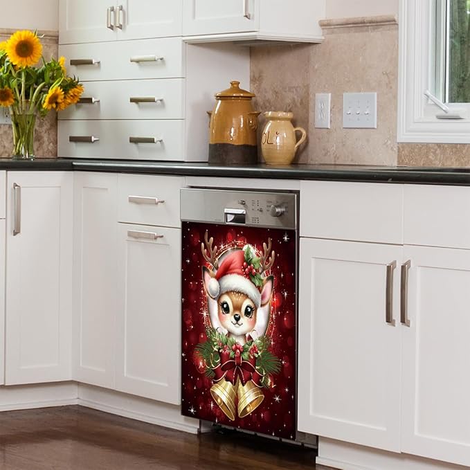 Christmas Xmas Bells Deer Dishwasher Magnet Cover Christmas Magnetic Dishwasher Decorative Cover Front Dishwasher Door Covers Dishwasher Covers Decor for Kitchen Home Appliances Gift 23" X 26"