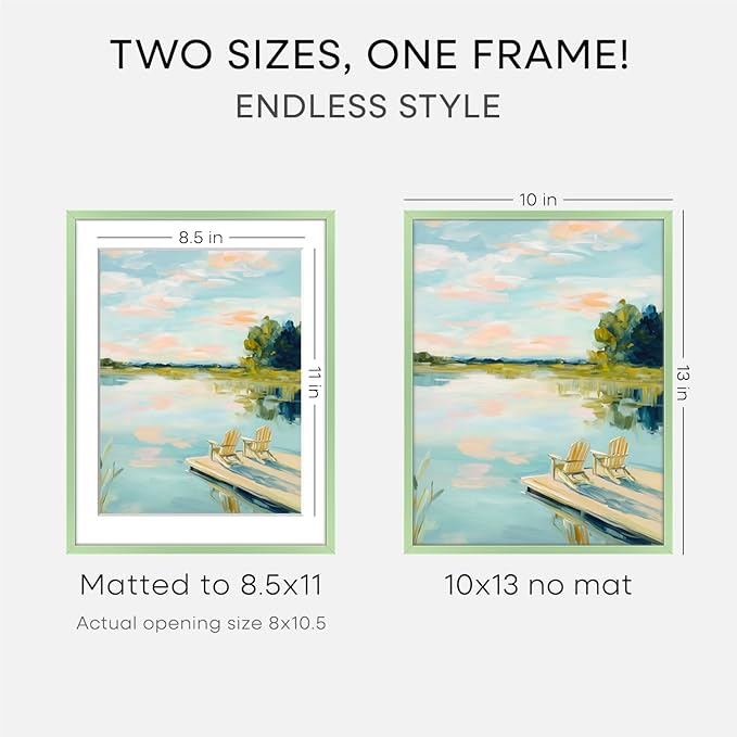 Homeforia 10x13 Picture Frame Sage Green, High End Metal 10x13 Wall Hanging Frame with Mat 8.5x11, 10 x 13 Poster Frames Matted to 8.5 x 11 inch Photo, 10by13 Frame, Tempered Glass, Wall Kit, Set of 2
