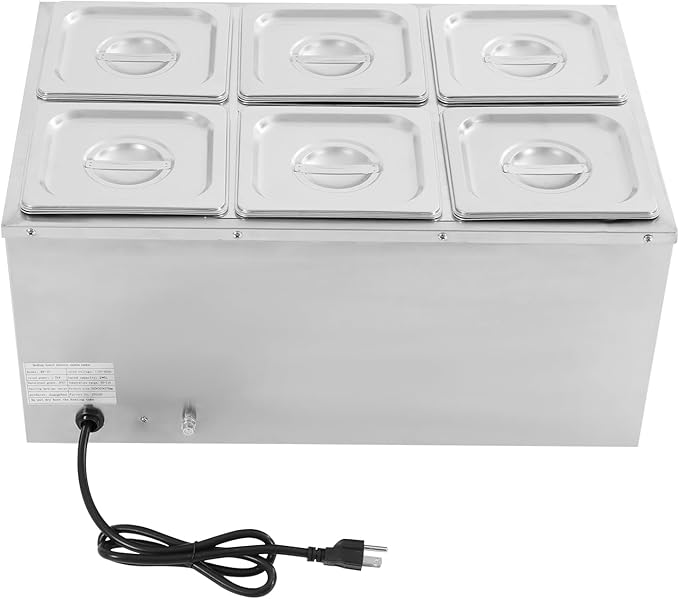 6-Pan Commercial Food Warmer,110V Electric Stainless Steel Steam Food Warmer with Lid,Electric Bain Marie Countertop with Temperature Control for Catering,Restaurant,Party (Small 6-Pan)